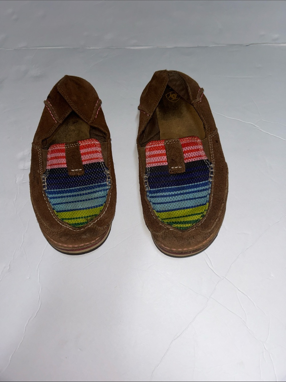 Ariat Brown Suede Moccasins with Multicolor Striped Fabric size 7.5